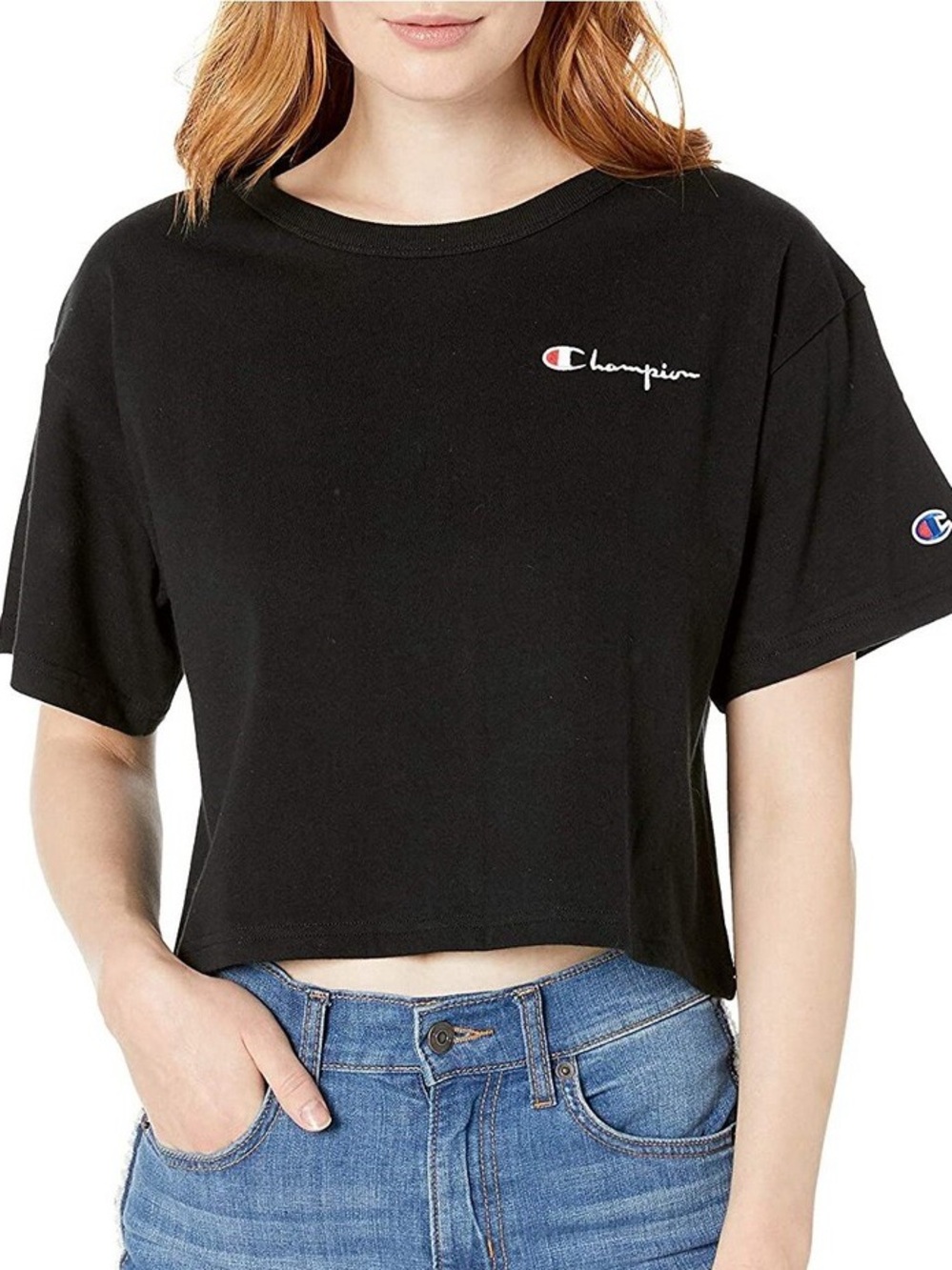 Champion Black Cropped Logo Tee - Women's